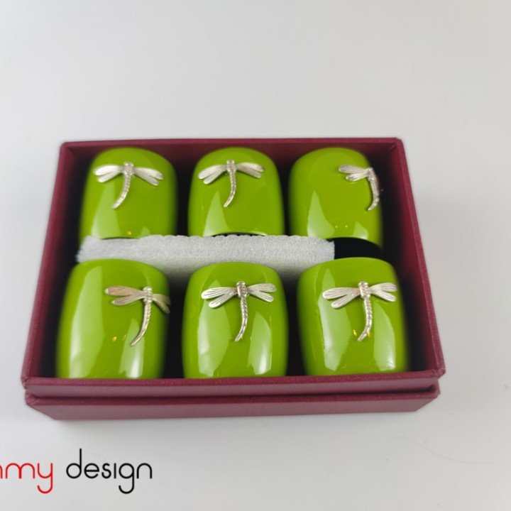 Set of 6 green napkin rings attached with dragonfly